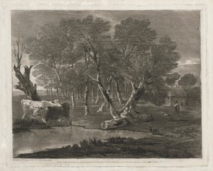 Skoglandskap med kuer ved siden av et basseng, figurer og hytte av Thomas Gainsborough
