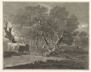 Skoglandskap med kyr ved siden av et basseng, figurer og hytte, 1775-80. av Thomas Gainsborough