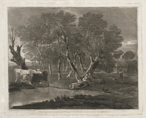 Skoglandskap med kuer ved siden av et basseng, figurer og hytte , utgitt i 1797. av Thomas Gainsborough