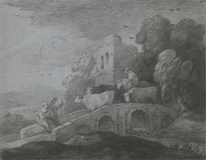 Skoglandskap med gjeter som kjører storfe over en bro, rustikke elskere og ruinert slott av Thomas Gainsborough