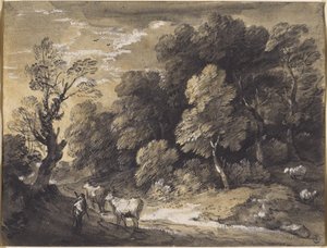 Skoglandskap med gjeter og storfe, ca. 1775-80 (svart kritt og grå-svarte vasker, forsterket med hvit gouache på lagt papir) av Thomas Gainsborough