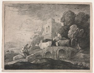Skoglandskap med gjetere som driver storfe, 1779-1780. av Thomas Gainsborough