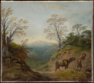 Skoglandskap med en gutt som leder et esel og en hund, og et vidstrakt panorama med bygninger og fjerne åser av Thomas Gainsborough