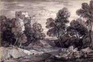 Skoglandskap med et slott (kritt og kull på papir) av Thomas Gainsborough