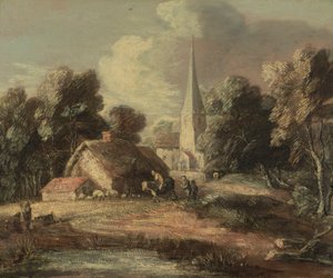 Landskap med hytte og kirke