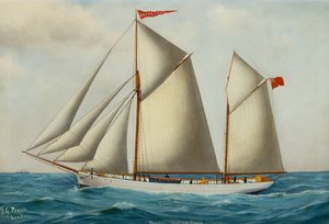 The Fore and Aft Schooner Grovehill in Full Sail (olje på lerret) av Thomas George Purvis