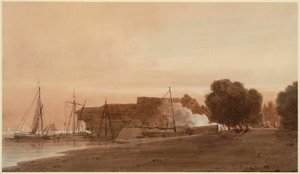 En båtgård ved munningen av en elvemunning av Thomas Girtin