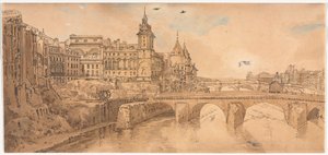 Et utvalg av tjue av de mest pittoreske utsiktene i Paris: Utsikt over Pont au Change, City Theatre, Pont Neuf, Conciergerie Prison, og tatt fra Pont Notre Dame av Thomas Girtin