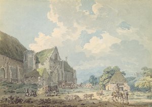 Tithe Barn at Abbotsbury med Abbey on the Hill..., ca. 1795 (wc over grafitt på papir) av Thomas Girtin