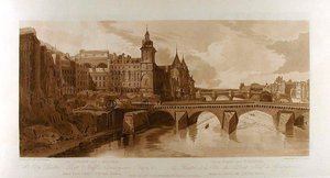 Utsikt over Pont au Change, byteateret, Pont Neuf, Conciergerie-fengselet osv., sett fra Pont Notre-Dame av Thomas Girtin
