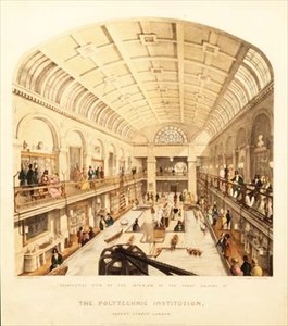 Innvendig visning av det store galleriet ved Polytechnic Institution, Regent Street, ca. 1838 (farge litho)