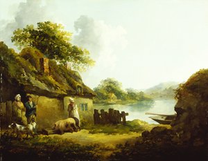 En sigøynerfamilie utenfor en låve i et landskap (olje på lerret)