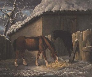 Et vinterlandskap med to hester som fôrer utenfor en stall (datert 1804)