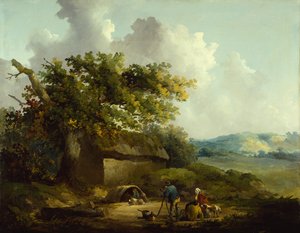 Bønder utenfor en hytte (olje på lerret)