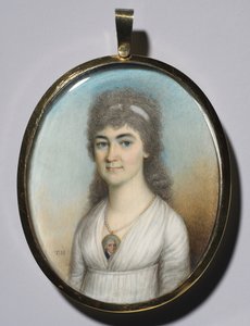 Portrett av en kvinne som bærer en miniatyr, ca. 1780. av Thomas Hazlehurst