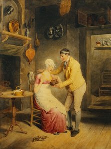 Idle Moments: a Boy Showing a Girl a Nest of Fledgelings in an Interiør,