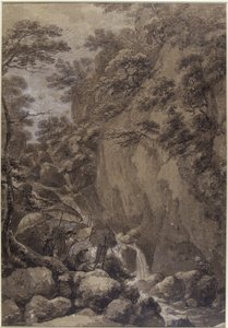 Sir George Beaumont og Joseph Farington maler en foss, 1777 (penn og blekk med vask på papir)