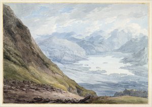 Utsikt fra Skiddaw over Derwentwater (wc over blyant på papir)