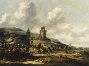 En utsikt over Scheveningen med fiskere som selger fangsten sin av Thomas Heeremans