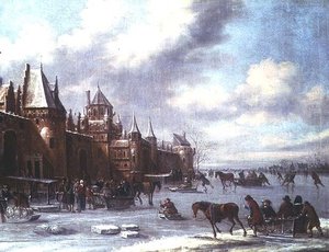 Nederlandsk elvemunningsscene med kunstløp og et slott utenfor