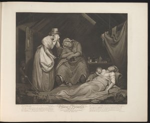 Ydmyk hushjelp besøker den døende løsslupne tjenestepiken Plate 9. The Wanton dieing in Poverty & Disease / Visited by the Modest Girl (tittel på objekt) Dyd og utskeielser (serietittel) Diligence & Dissipation (serietittel på objekt)