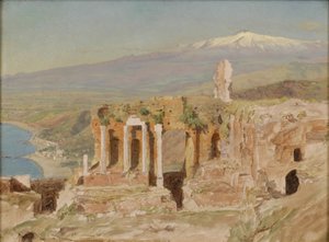 Utsikt over ruinene av det greske teatret ved Taormina og Etna på Sicilia