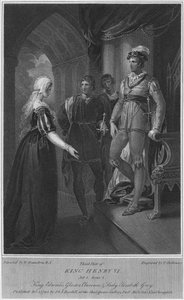 Tredje del av kong Henry VI. Akt 3. Scene 2. King Edward, Gloucester, Clarence & Lady Elizabeth Gre av Thomas Holloway