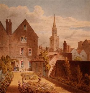 En utsikt over Mr Upcotts hus og hage med Islington Church in the Distance, ca. 1835 (akvarell på papir) av Thomas Hosmer Shepherd