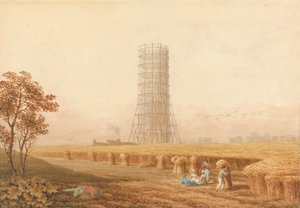 Bonapartes søyle i stillas i Boulogne, Frankrike, med innhøstingsmaskiner på et felt av Thomas Hosmer Shepherd