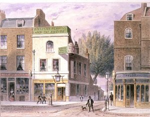 Carved Red Lion Inn, Islington Green, datert til huset 1660 av Thomas Hosmer Shepherd