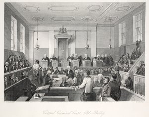 Central Criminal Court på Old Bailey, fra puben 'London Interiors with their Costumes and Ceremonies'. Joseph Mead, London, ca. 1843 (stålgravering) av Thomas Hosmer Shepherd