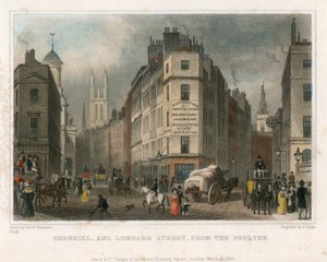 Cornhill og Lombard Street, London, fra Poultry av Thomas Hosmer Shepherd
