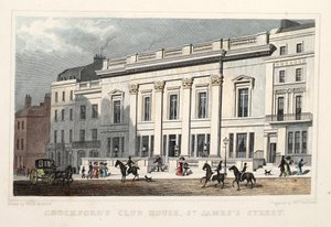 Crockfords klubbhus, St. James Street. Pub. 1828 (håndfarget gravering) av Thomas Hosmer Shepherd