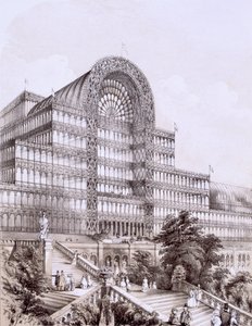 Crystal Palace ved Sydenham, fronten av Great Transept, c1854. av Thomas Hosmer Shepherd