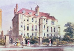 Inngang til Queen Square fra parken, med utsikt over Jeremy Benthams hus av Thomas Hosmer Shepherd