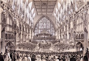 Interior of the Guildhall - Lord Mayor and Corporation presenterer sin adresse til Emperor und Empress of the French, 19. april 1855 av Thomas Hosmer Shepherd
