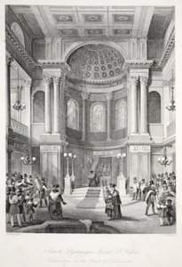 Jewish Synagogue, Great St Helens, fra puben 'London Interiors with their Costumes and Ceremonies'. Joseph Mead, London, ca. 1843 (stålgravering) av Thomas Hosmer Shepherd