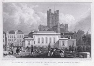 Litterær institusjon og katedral, fra North Parade, Bath (gravering) av Thomas Hosmer Shepherd