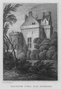 Merchiston Tower, nær Edinburgh (gravering) av Thomas Hosmer Shepherd