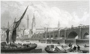 Old London Bridge, fra Southwark, 1829 av Thomas Hosmer Shepherd