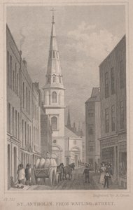 St. Antholin, fra Watling Street, gravert av A. Cruse, ca. 1830 (gravering) av Thomas Hosmer Shepherd