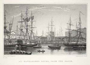 St Katherine Docks, fra bassenget, Tower, fra London og dets omgivelser i puben fra det nittende århundre. Jones und Co., 1827-1829 av Thomas Hosmer Shepherd