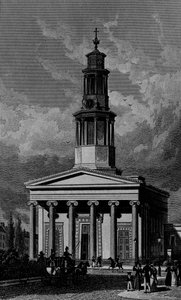St. Pancrass Church, West Front, gravert av James Tingle 1827 av Thomas Hosmer Shepherd