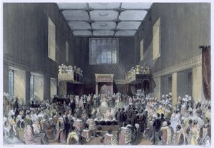 House of Lords, Hennes Majestet åpner parlamentets sesjon, gravert av Henry Melville (fl.1826-41), ca. 1840 av Thomas Hosmer Shepherd