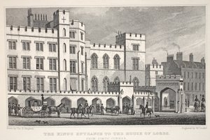 Kongens inngang til House of Lords fra Poets Corner, fra puben 'London and it's Environs in the Nineteenth Century'. Jones und Co., 1827-1829 av Thomas Hosmer Shepherd