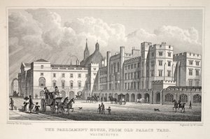 Parliament House fra Old Palace Yard, Westminster, fra puben 'London and it's Environs in the Nineteenth Century'. Jones und Co., 1827-1829 av Thomas Hosmer Shepherd