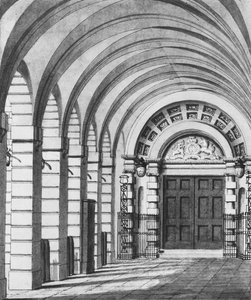 Piazza-inngangen til Covent Garden Theatre i år 1808 (tegning) av Thomas Hosmer Shepherd