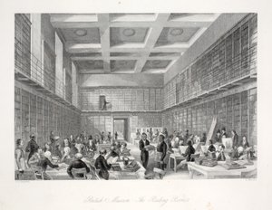 Lesesalen og biblioteket på British Museum, fra puben 'London Interiors with their Costumes and Ceremonies'. Joseph Mead, London, ca. 1843 (stålgravering) av Thomas Hosmer Shepherd