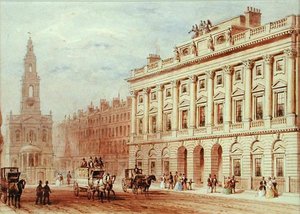 Utsikt over Somerset House og Church of St. Mary Le Strand (blyant og akvarell på papir) av Thomas Hosmer Shepherd