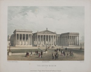 Utsikt over British Museum, med besøkende som går utenfor, 1854 av Thomas Hosmer Shepherd